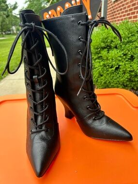 Black Leatherette Victorian Lace Up Boot 7